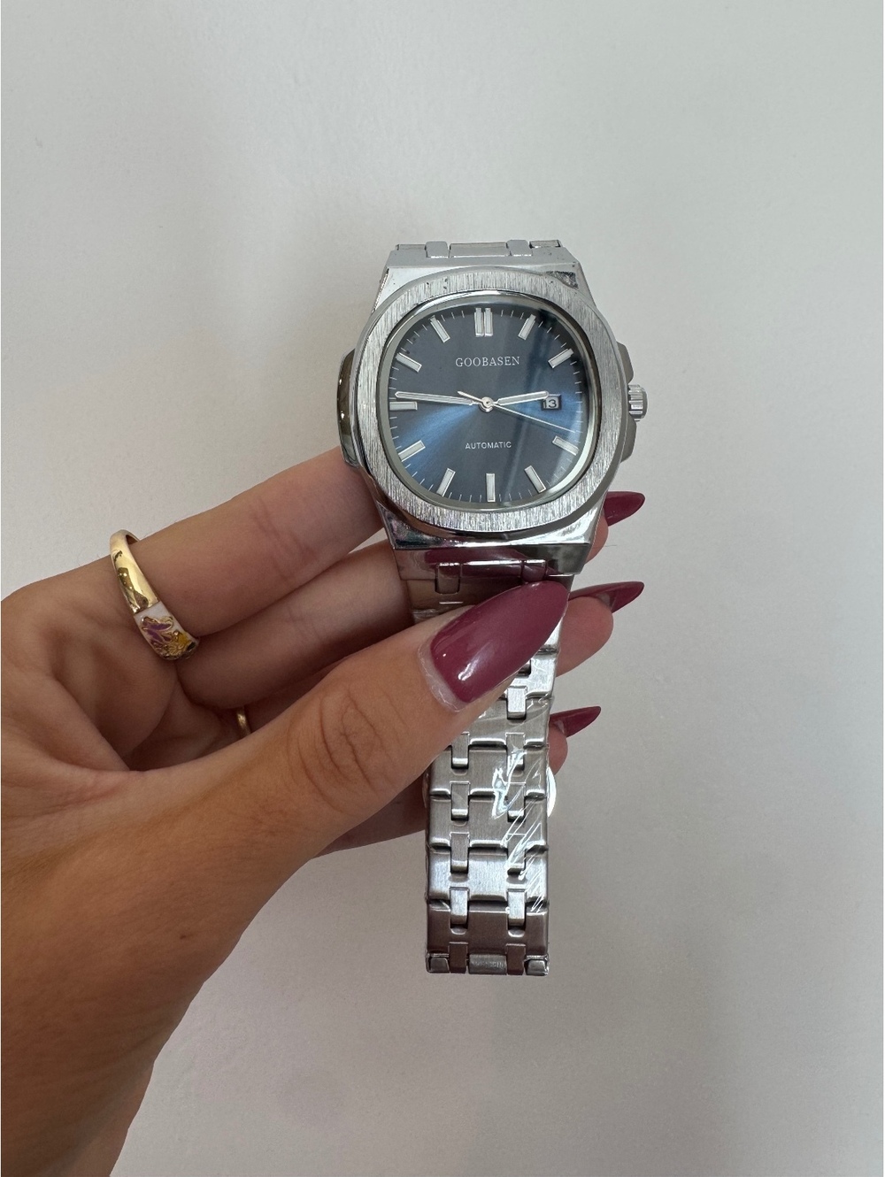 GOOBASEN Automatic Silver Watch – Blue Dial Stainless Steel Style